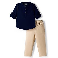 Babyhug Cotton Woven Full Sleeves Solid Colour Shirt & Pant Set - Navy Blue