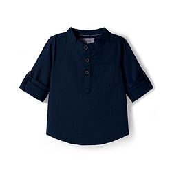Babyhug Cotton Woven Full Sleeves Solid Colour Shirt & Pant Set - Navy Blue
