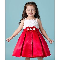 Babyhug Satin Woven Sleeveless Fit and Flare Pleated Dress With Floral Corsage - Red & White