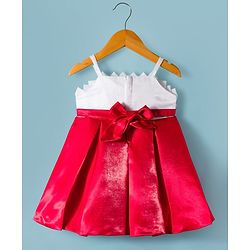Babyhug Satin Woven Sleeveless Fit and Flare Pleated Dress With Floral Corsage - Red & White