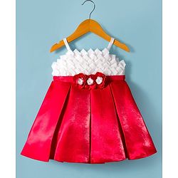 Babyhug Satin Woven Sleeveless Fit and Flare Pleated Dress With Floral Corsage - Red & White