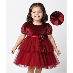 Babyhug Velour Woven Half Sleeves Flared & Layered Partywear Dress With Floral Applique - Maroon
