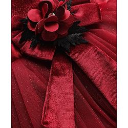 Babyhug Velour Woven Half Sleeves Flared & Layered Partywear Dress With Floral Applique - Maroon