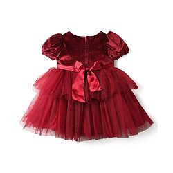 Babyhug Velour Woven Half Sleeves Flared & Layered Partywear Dress With Floral Applique - Maroon