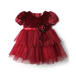 Babyhug Velour Woven Half Sleeves Flared & Layered Partywear Dress With Floral Applique - Maroon