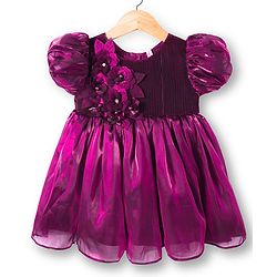 Babyhug Woven Half Puffed Sleeves Party Dress With Floral Corsage - Wine