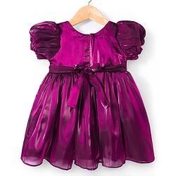 Babyhug Woven Half Puffed Sleeves Party Dress With Floral Corsage - Wine