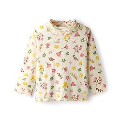 Babyhug Cotton Elastane Knit Full Sleeves Turtle Neck Winter T-Shirt with Floral Print - Offwhite