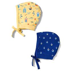 Babyhug 100% Cotton Knit Bonnet Cap with Boat Print Pack of 2 Yellow & Navy Blue - 9.5 cm Diameter