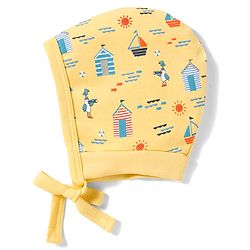 Babyhug 100% Cotton Knit Bonnet Cap with Boat Print Pack of 2 Yellow & Navy Blue - 9.5 cm Diameter