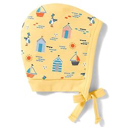 Babyhug 100% Cotton Knit Bonnet Cap with Boat Print Pack of 2 Yellow & Navy Blue - 9.5 cm Diameter