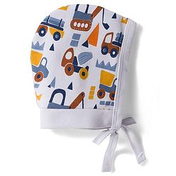Babyhug 100% Cotton Interlock Knit Caps with Knot with Stripes & Truck Print White Pack of 2 - Diameter 11 cm