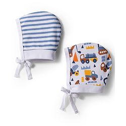 Babyhug 100% Cotton Interlock Knit Caps with Knot with Stripes & Truck Print White Pack of 2 - Diameter 11 cm