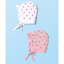 Babyhug 100% Cotton Knit Bonnet Cap with Duck & Floral Print Pack of 2  Pink & White - 9.5 cm Diameter