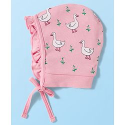 Babyhug 100% Cotton Knit Bonnet Cap with Duck & Floral Print Pack of 2  Pink & White - 9.5 cm Diameter