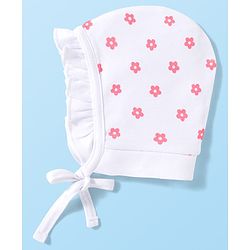 Babyhug 100% Cotton Knit Bonnet Cap with Duck & Floral Print Pack of 2  Pink & White - 9.5 cm Diameter