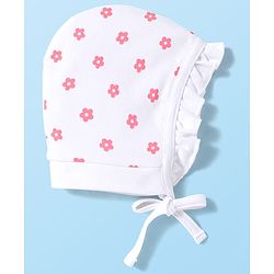 Babyhug 100% Cotton Knit Bonnet Cap with Duck & Floral Print Pack of 2  Pink & White - 9.5 cm Diameter