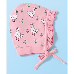 Babyhug 100% Cotton Knit Bonnet Cap with Duck & Floral Print Pack of 2  Pink & White - 9.5 cm Diameter