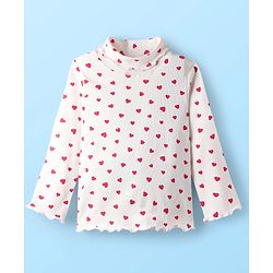 Babyhug Cotton Knit Full Sleeves Turtle Neck Winter T-Shirt with Heart Print - White