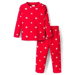 Babyhug Cotton Knit Full Sleeves Co-ords Night Suit With Star Print - Red
