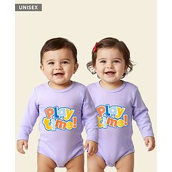 Babyhug 100% Cotton Knit Full Sleeves Onesie With Play Time Text Print - Purple