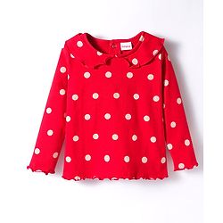 Babyhug Cotton Knit Full Sleeves Peter Pan Collar Co-ords Night Suit With Polka Dots Print - Red
