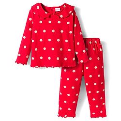 Babyhug Cotton Knit Full Sleeves Peter Pan Collar Co-ords Night Suit With Polka Dots Print - Red