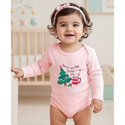 Babyhug 100% Cotton Interlock Knit Full Sleeves Onesie with Hairband & Christmas Print - Pink