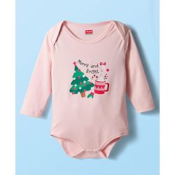 Babyhug 100% Cotton Interlock Knit Full Sleeves Onesie with Hairband & Christmas Print - Pink
