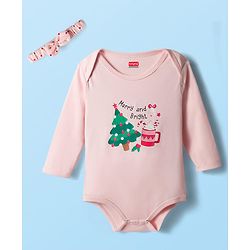 Babyhug 100% Cotton Interlock Knit Full Sleeves Onesie with Hairband & Christmas Print - Pink