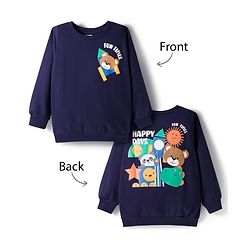 Babyhug Cotton Knit Full Sleeves Sweatshirt With Front & Back Animal Print - Navy Blue