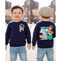 Babyhug Cotton Knit Full Sleeves Sweatshirt With Front & Back Animal Print - Navy Blue