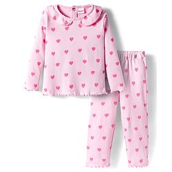 Babyhug Cotton Knit Full Length Co-ords Night Suit With Heart Print - Pink