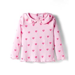 Babyhug Cotton Knit Full Length Co-ords Night Suit With Heart Print - Pink