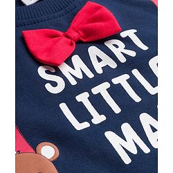 Babyhug Cotton Knit Full Sleeves Sweatshirt With Teddy Bear Print & Bow Applique - Navy Blue