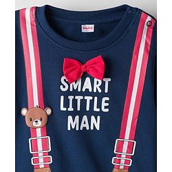 Babyhug Cotton Knit Full Sleeves Sweatshirt With Teddy Bear Print & Bow Applique - Navy Blue