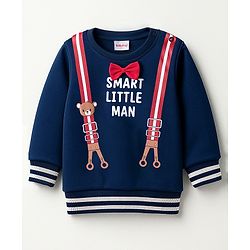 Babyhug Cotton Knit Full Sleeves Sweatshirt With Teddy Bear Print & Bow Applique - Navy Blue