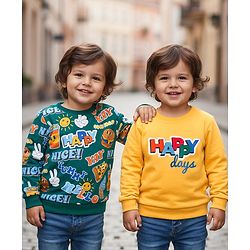 Babyhug Cotton Knit Full Sleeves Sweatshirts with Happy Days Text Print Pack of 2 - Yellow & Dark Green