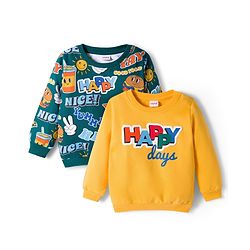 Babyhug Cotton Knit Full Sleeves Sweatshirts with Happy Days Text Print Pack of 2 - Yellow & Dark Green