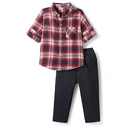 Babyhug Cotton Woven Full Sleeves Checks Shirt & Jeans Set - Maroon & Black