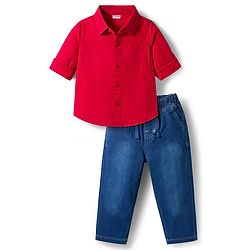 Babyhug Cotton Woven Full Sleeves Solid Color Shirt & Jeans Set - Red & Blue