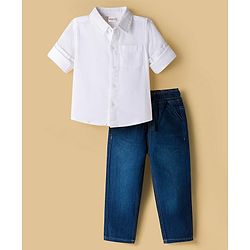Babyhug Cotton Woven Full Sleeves Solid Shirt and Denim Jeans Set - White