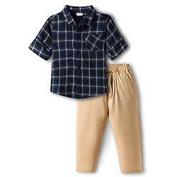 Babyhug Cotton Woven Full Sleeves Checkered Shirt & Trouser Set - Blue & Beige