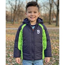 Babyhug Woven Full Raglan Sleeves Hooded Padded Jacket With Number Patch - Navy Blue & Green