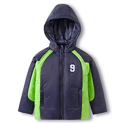Babyhug Woven Full Raglan Sleeves Hooded Padded Jacket With Number Patch - Navy Blue & Green