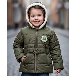 Babyhug Woven Full Sleeves Hooded Padded Jacket with Floral Applique & Belt - Olive Green