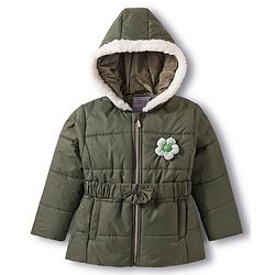 Babyhug Woven Full Sleeves Hooded Padded Jacket with Floral Applique & Belt - Olive Green