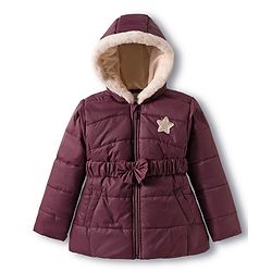 Babyhug Woven Full Sleeves Hooded Padded Jacket with Bow Belt - Wine
