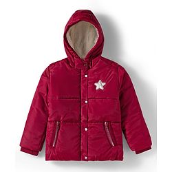 Babyhug Woven Full Sleeves Hooded Coat with Glittery Star Print - Maroon