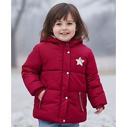 Babyhug Woven Full Sleeves Hooded Coat with Glittery Star Print - Maroon